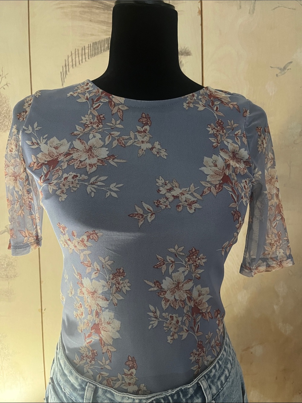 Floral Mesh Short-Sleeve Top - Blue